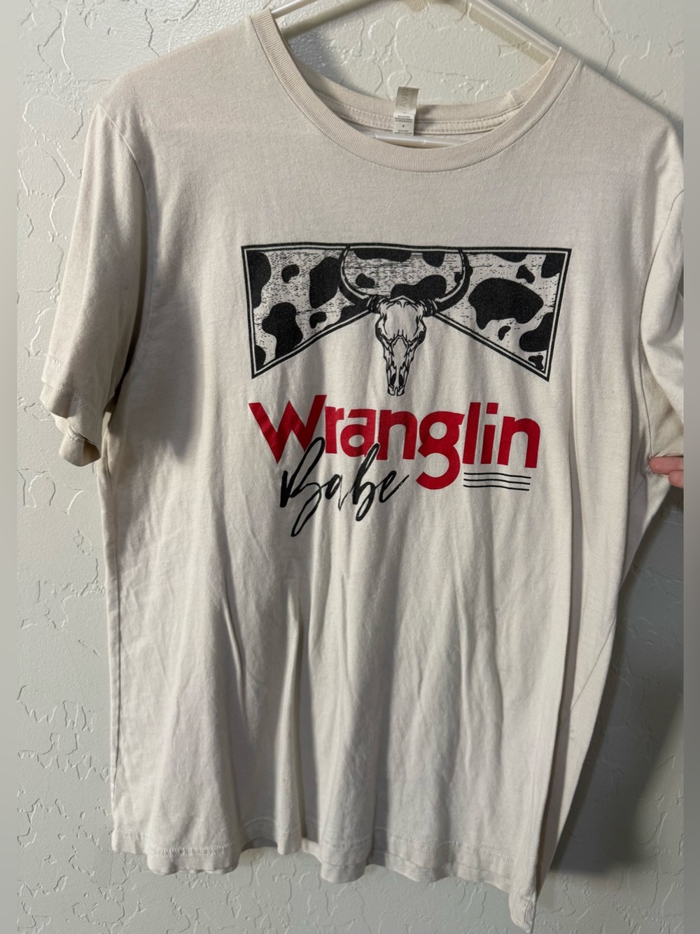 Bella Canvas Women’s L Wrangler Babe Western Cow Print Bull Skull Graphic Tee